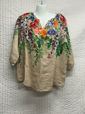 Chico's Beige Linen Tunic with Multicolor Floral Yoke